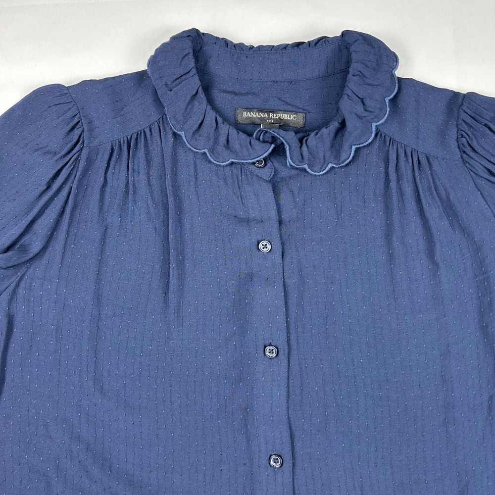 Banana Republic‎ Navy Blue Ruffle Scallop Collar Dobby Blouse Petite S - Picture 6 of 9